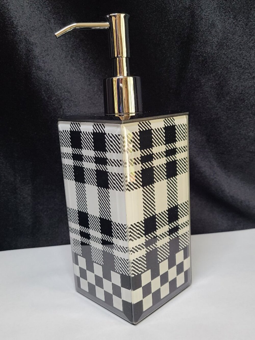 MacKenzie Childs Tartan Check Soap Pump Beveled Glass Black White New No Box